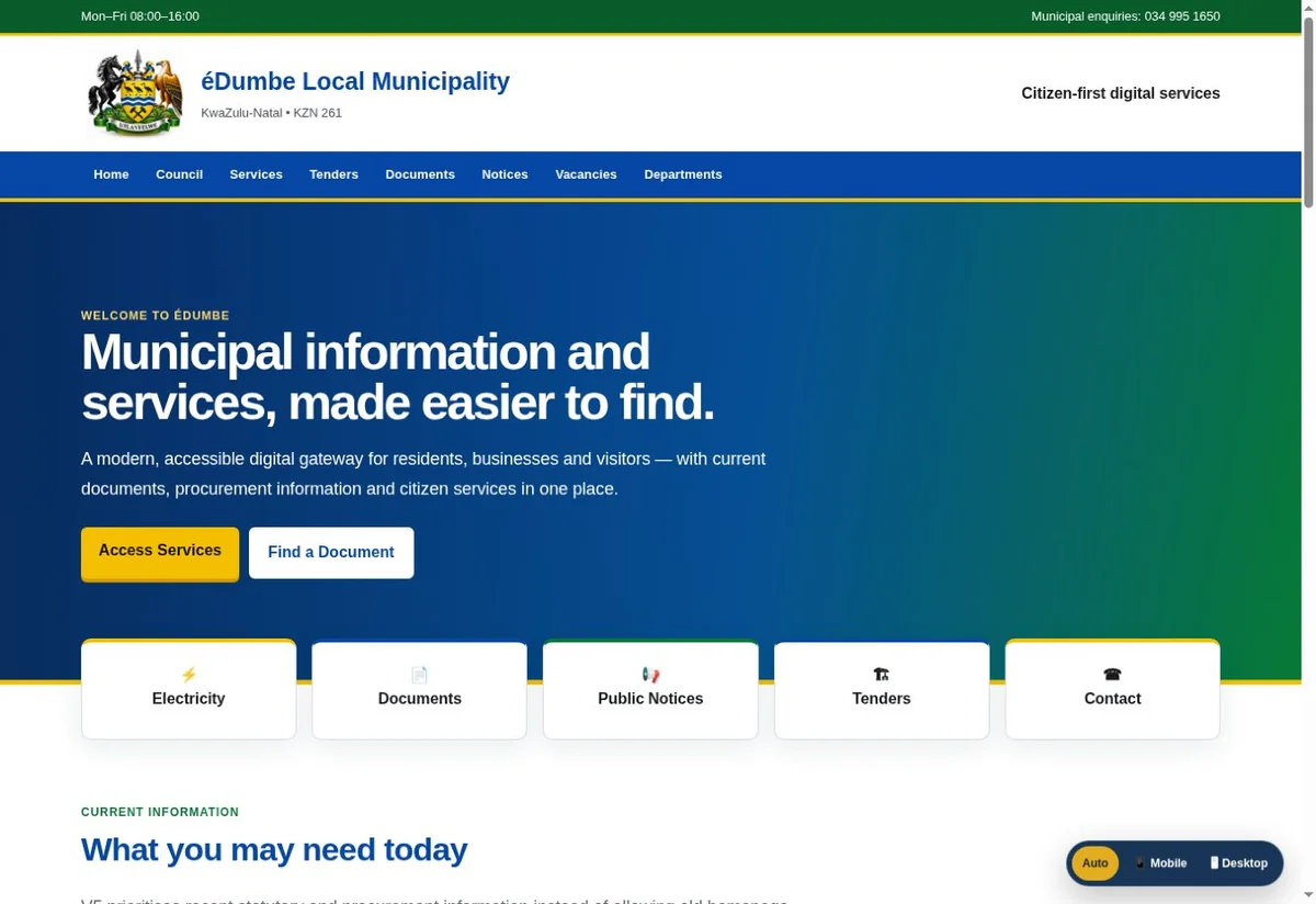 Homepage preview for eDumbe Municipality